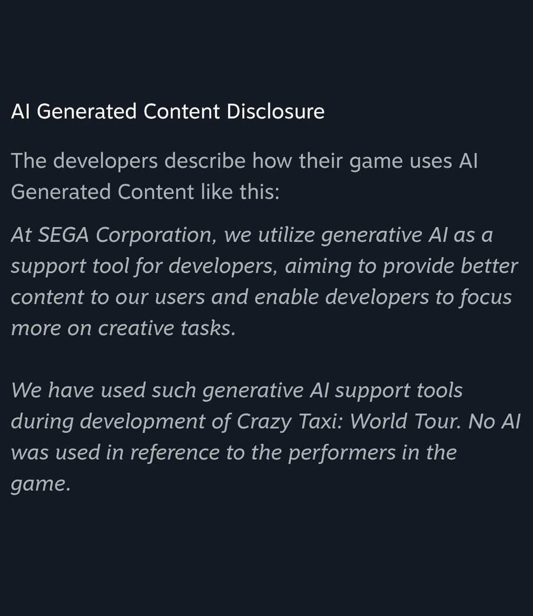 thefoster55555's tweet photo. Guess SEGA is obsessed with AI now lol. First Angry Birds (since like 2024 lol) and now Crazy Taxi. 

Please spare Sonic and Yakuza SEGA I beg you😭😭 https://t.co/lmfZeELBi1