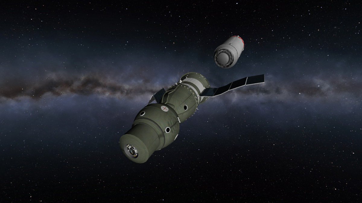 GeraldJr1997's tweet photo. Then launching in a polar orbit a soyuz 7k-T-AF riding on another zenit starts an  observation mission of the stars and kerbin itself using the Orion 2 telescope with 2 crew memebers onboard being @TheDoeRex “doe” the scientist and Junior the pilot https://t.co/T016Xesygi