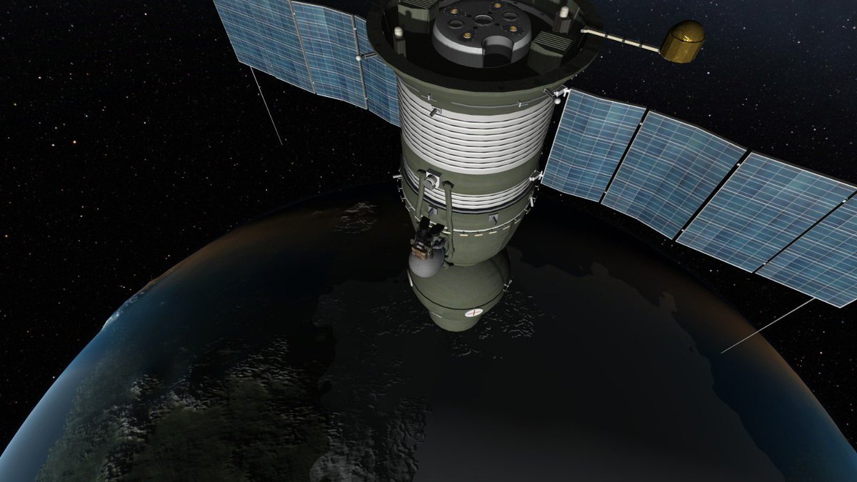 GeraldJr1997's tweet photo. Then launching in a polar orbit a soyuz 7k-T-AF riding on another zenit starts an  observation mission of the stars and kerbin itself using the Orion 2 telescope with 2 crew memebers onboard being @TheDoeRex “doe” the scientist and Junior the pilot https://t.co/T016Xesygi