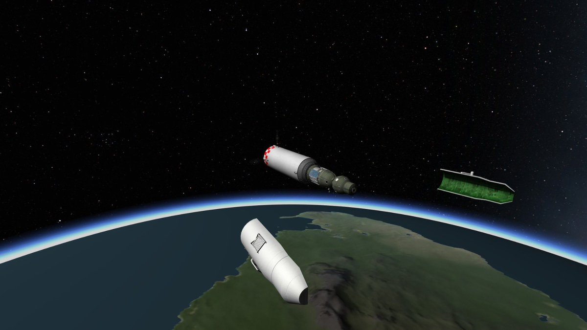 GeraldJr1997's tweet photo. Then launching in a polar orbit a soyuz 7k-T-AF riding on another zenit starts an  observation mission of the stars and kerbin itself using the Orion 2 telescope with 2 crew memebers onboard being @TheDoeRex “doe” the scientist and Junior the pilot https://t.co/T016Xesygi