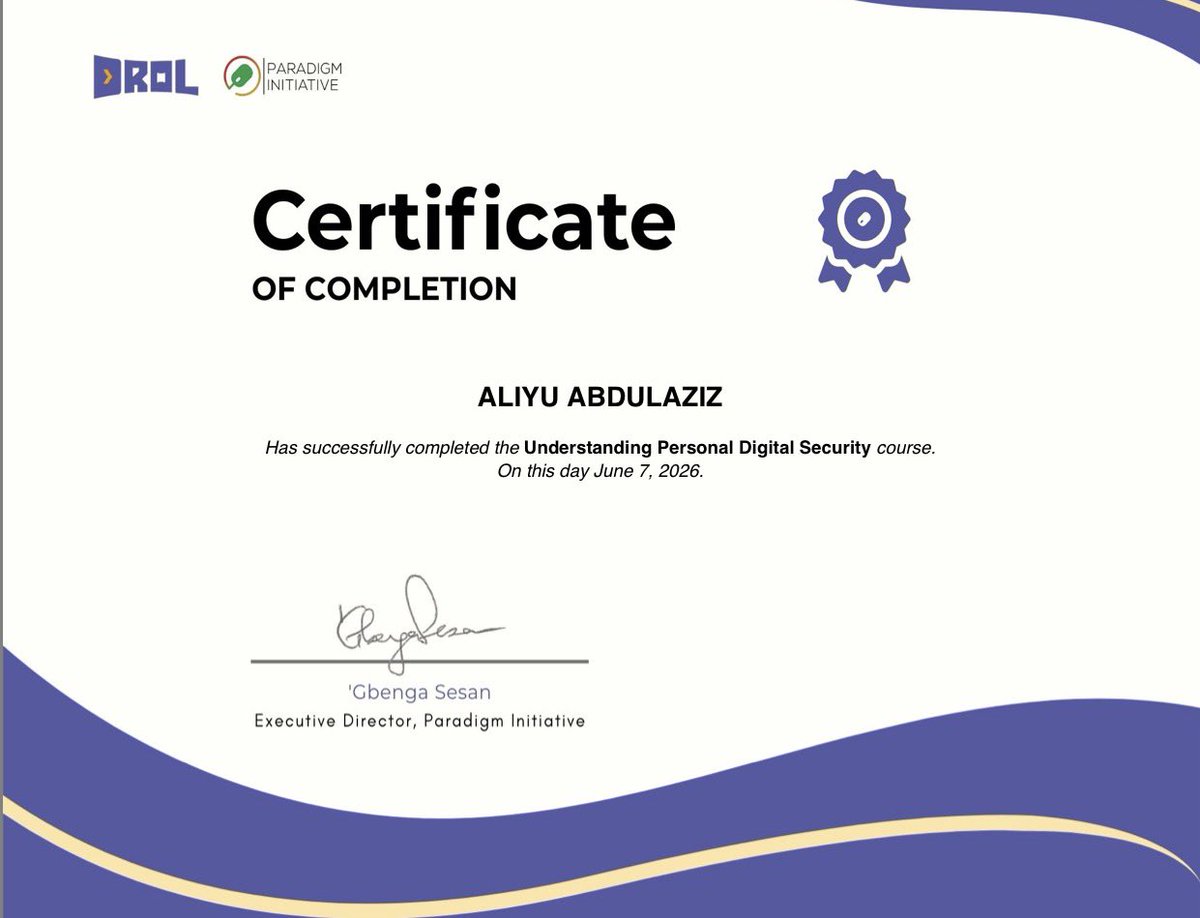 aliyu_ace_'s tweet photo. Proud to have completed two courses on Digital Rights and Personal Digital Security. Grateful for the learning and growth✨🥂.
#PIN #DROL #DigitalRights https://t.co/nOKY2M5Ikz