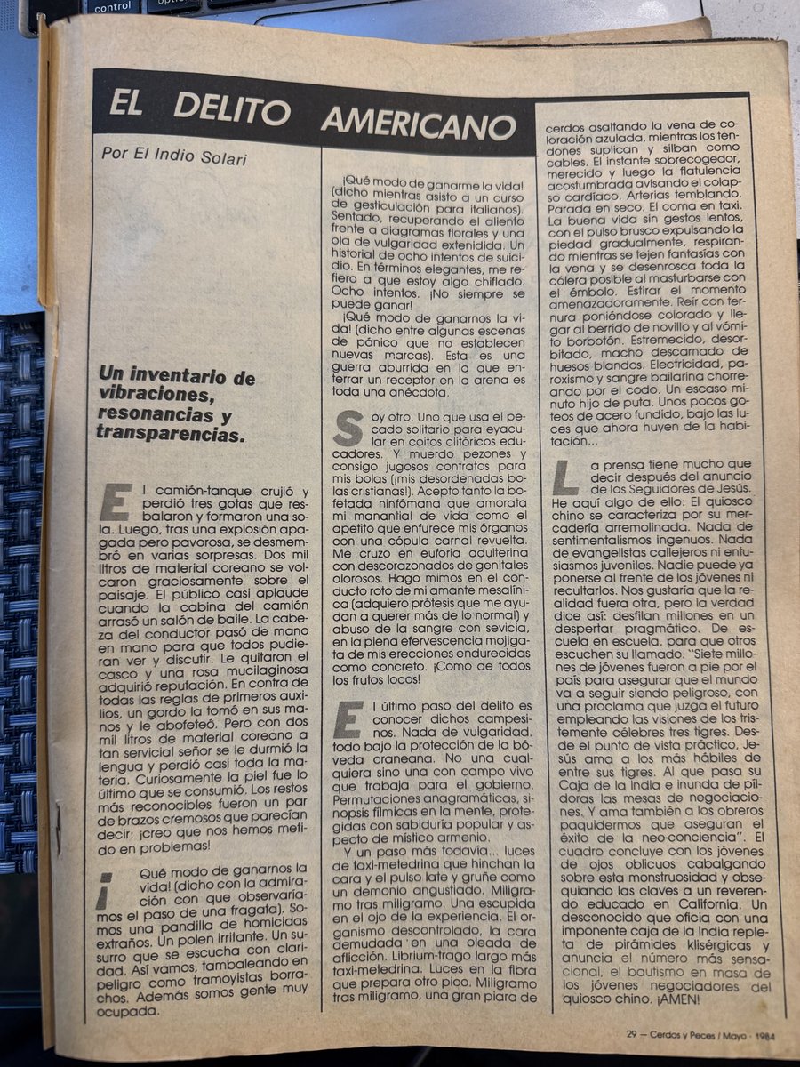 GabyLevinas's tweet photo. Nota del Indio Solari en mi revista Cerdos &amp; Peces Mayo de 1984 https://t.co/2ocIm974rb