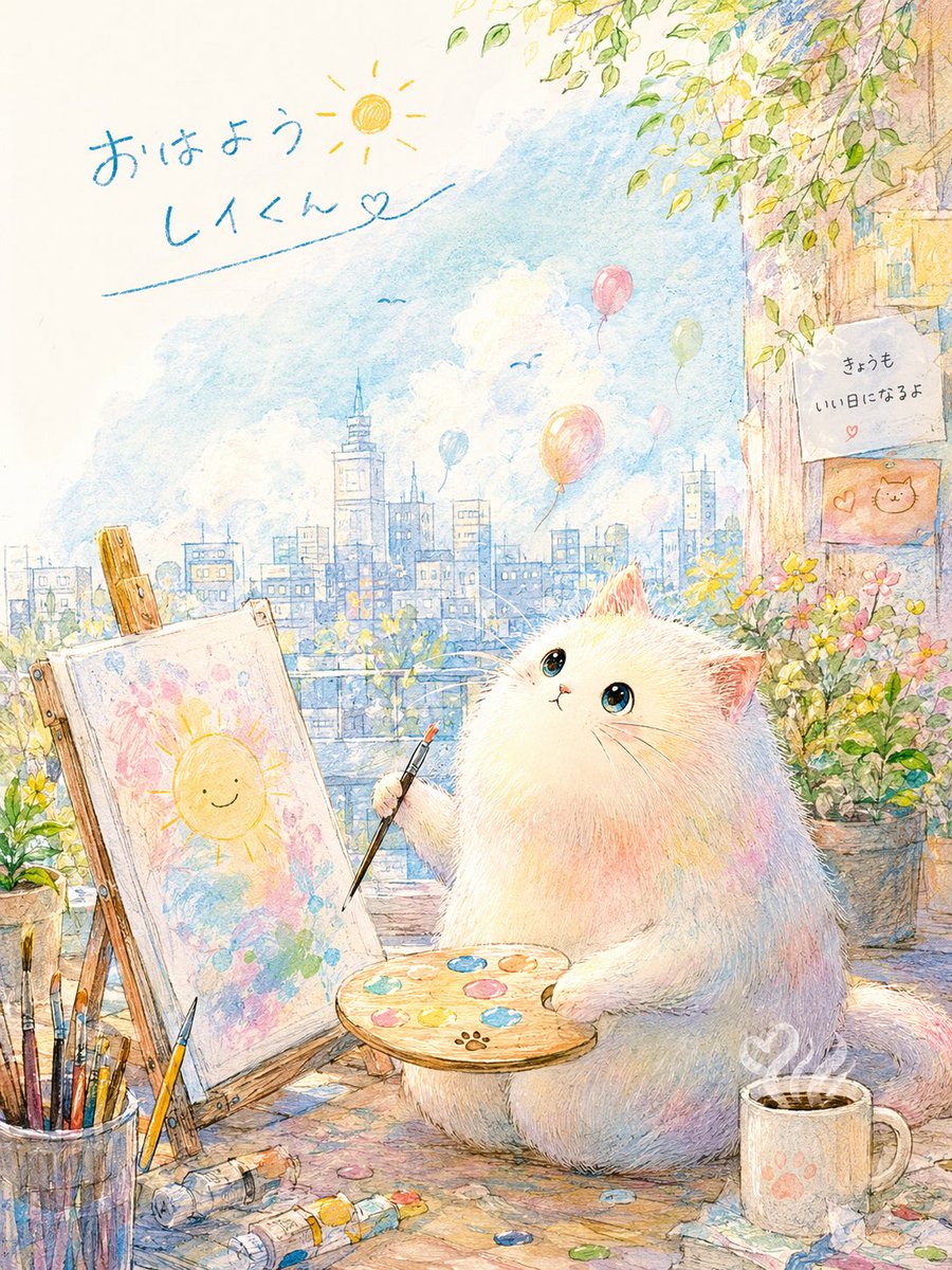 maruito777's tweet photo. おはようございます☀️

今朝は猫ちゃんと一緒にお絵描き時間🎨🐾

好きな色を重ねていくように、
今日も自分らしい一日になりますように🩷

いってらっしゃい😊🍀 https://t.co/T0ctHGvvB8