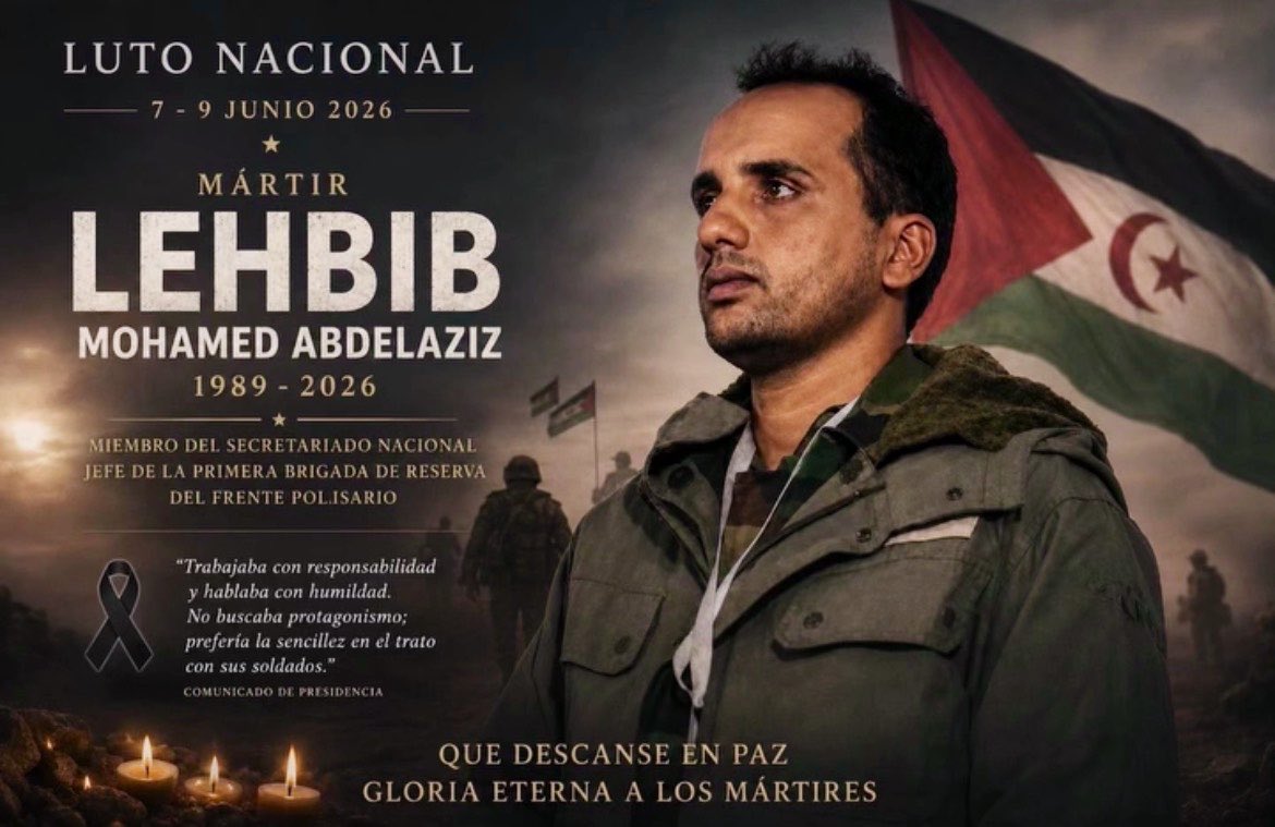 Rasd_TVOficial's tweet photo. La República Árabe Saharaui Democrática decreta 3 días de luto oficial por la caída en combate del miembro del Sec. General del Frente POLISARIO, Lehbib Mohamed Abdelaziz,  y dos de sus compañeros en la guerra contra el ejército de ocupación marroquí. https://t.co/DgEJOlfssO