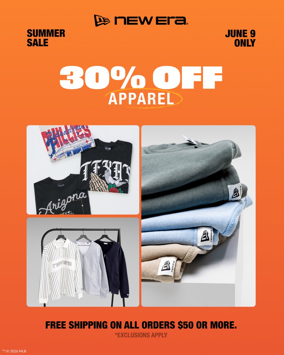 NewEraCap's tweet photo. From casual shorts and tees to elevated jackets and more, look good for less with 30% off apparel and free standard shipping on orders over $50. https://t.co/F5ZNh1Hl0m https://t.co/tDPucI3h4H