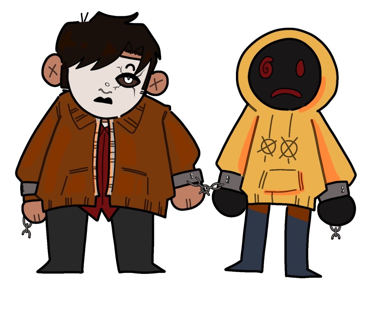 Another_Tetitas's tweet photo. I'm headcanoning that Masky and Hoodie are metaphorically bonded (chains) since becoming Proxys and that's why they're always together. Tim sometimes explodes against Brian because of it. I take Evelyn Evelyn song as inspiration for this one 1/3 https://t.co/OuDE1FZrdd