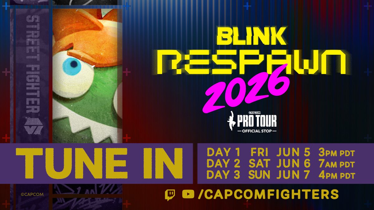 CapcomFighters's tweet photo. 10 MINUTES UNTIL TOP 8. ⏰
The final day of this #CPT2026 stop is here. The Blink Respawn Street Fighter 6 champion crowned tonight. You don’t want to miss this. 🔥
 
🔴: https://t.co/RXenFnu8dE
📺: https://t.co/AIKD9WgGBI https://t.co/iT9X32wzFC