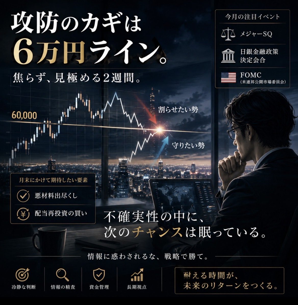 carpwaterfall's tweet photo. おはようございます☔️

みんな暴落だ暴落だ騒いでるけど、
本番はこれからかもしれない😅

今月は

メジャーSQ
日銀金融政策決定会合
FOMCと重要イベントが続く。

特にSQまでは、「日経6万円を割らせたい勢」と「6万円を守りたい勢」の攻防が激しくなりそう🤔

だから今は焦って飛びつくより、
次に買う銘柄を探す時間だと思っています📈

ただ、悲観一色になった時ほど
次の主役銘柄は静かに仕込まれるもの。

月末に向けては
悪材料出尽くしと配当再投資資金にも期待しています✨

妄想の独り言ですが🫢

今週も宜しくお願い致します🙇

#日本株 #日経平均 #高配当株 #株式投資