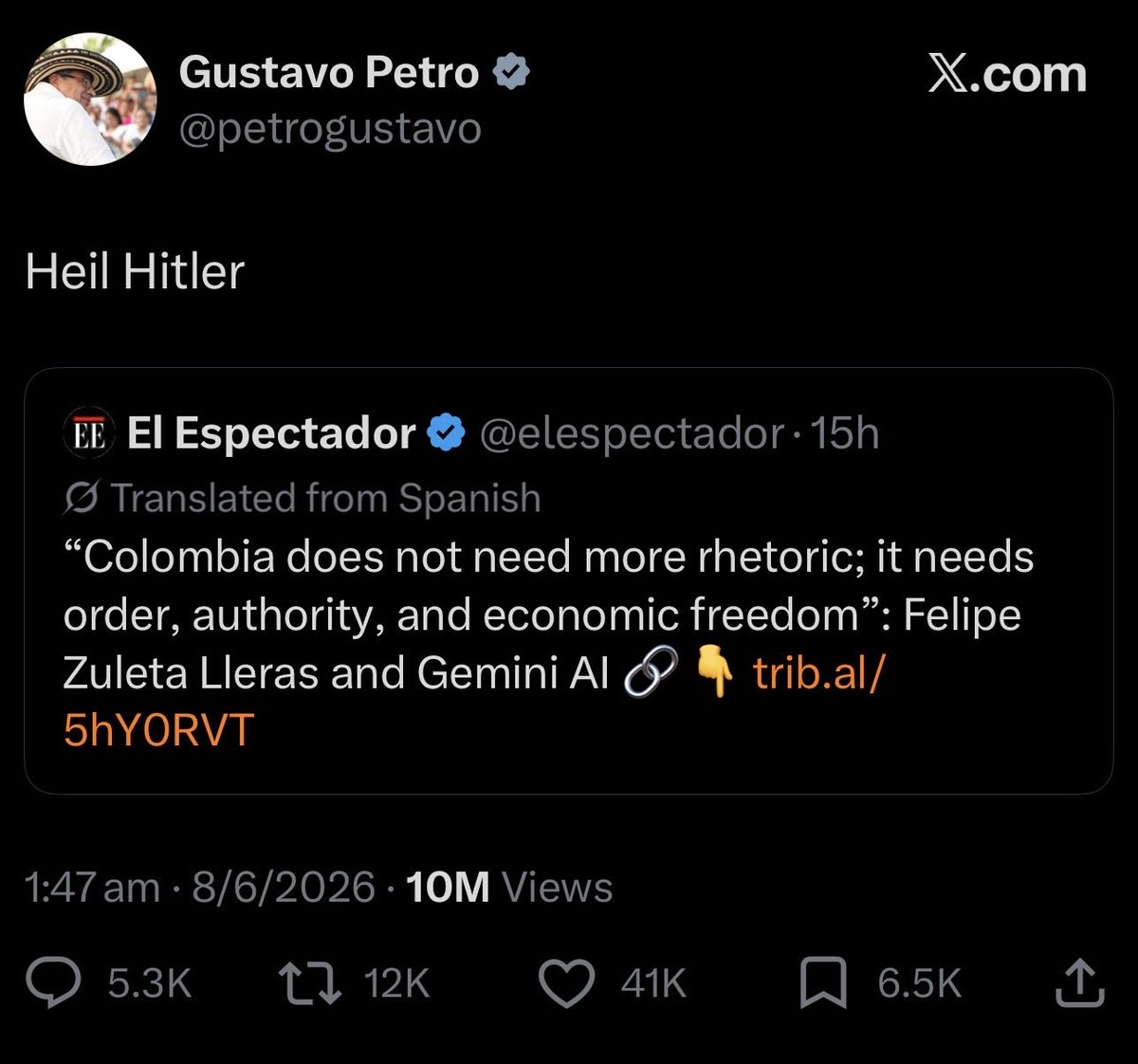 Ostrov_A's tweet photo. Meantime, the president of Colombia (@petrogustavo) just posted, “Heil Hitler.”

How is it that in 2026 a world leader and Head of State can openly glorify the Nazis? There is no excuse, no context. None. Utterly shameful and repugnant. Just be condemned by all. https://t.co/mDCGpV09Or