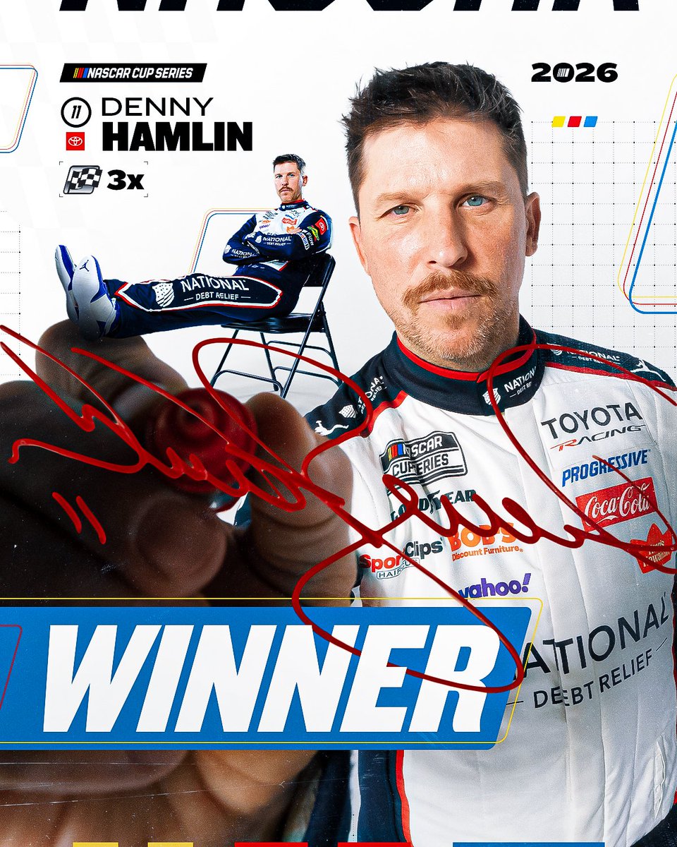 NASCAR's tweet photo. Another week, another comeback for @dennyhamlin!

He gets the win at @MISpeedway! https://t.co/J4HWQfh0po