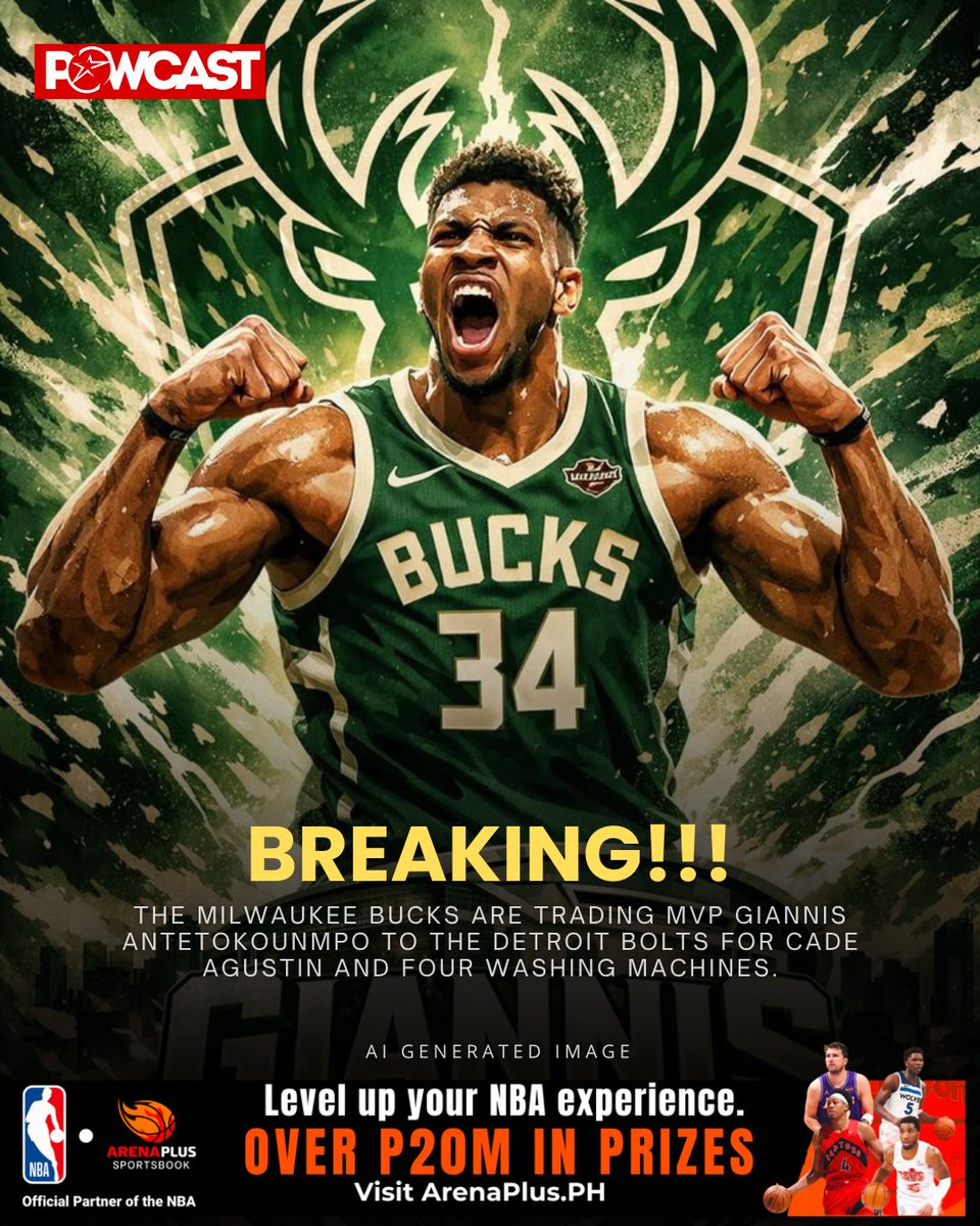 POWCASTSPORTS's tweet photo. The Milwaukee Bucks are trading MVP Giannis Antetokounmpo to the...
.
.
.
.
.
.
...Barangay Ginebra San Miguel para sa tatlong packs ng biko at isang malamig na Coke. Kalma, test lang 'to. 🇵🇭 https://t.co/gjqkODVlEk