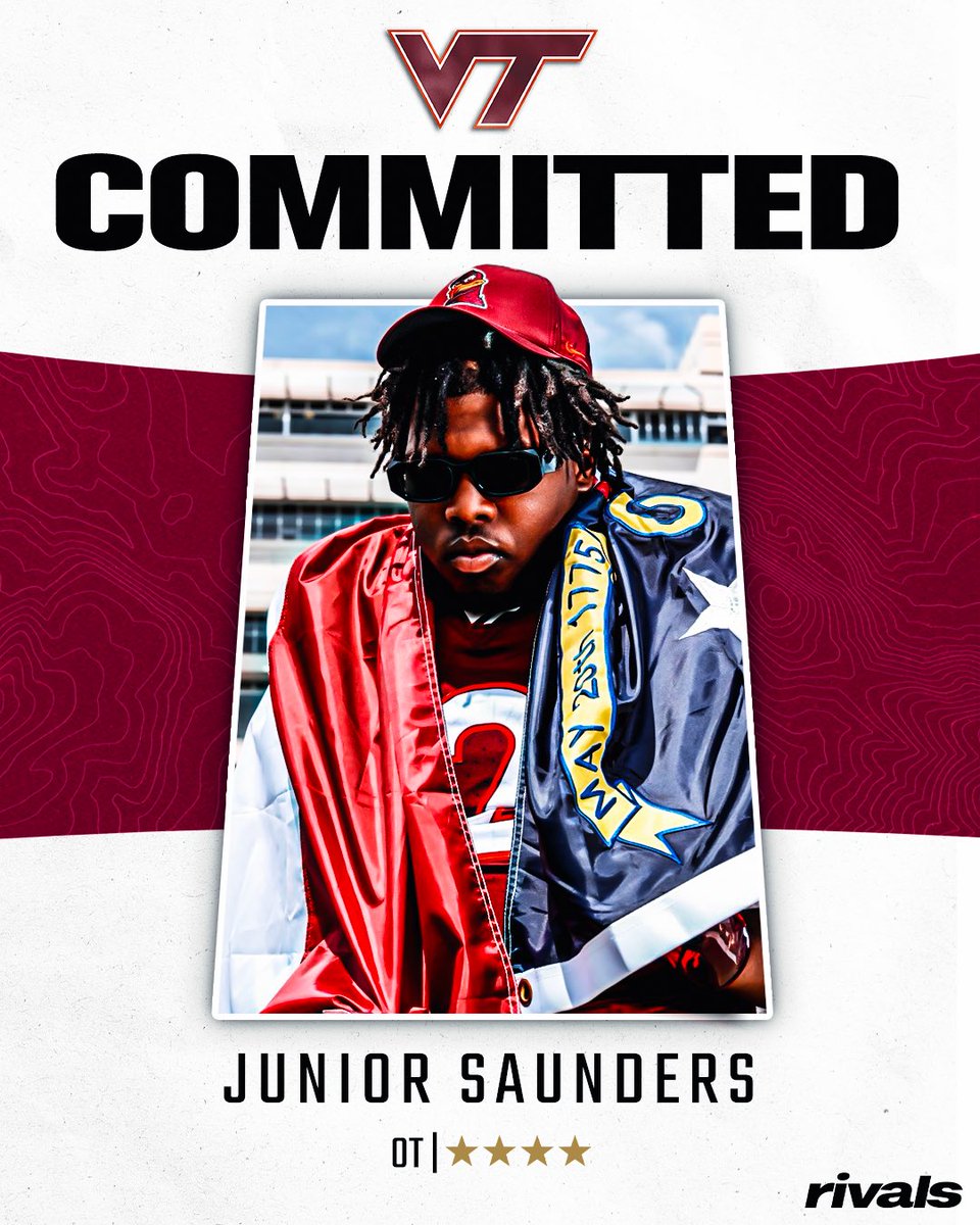 Rivals's tweet photo. 🚨BREAKING🚨 4-star OT Junior Saunders has committed to Virginia Tech🦃

Read: https://t.co/PogBECc0CH https://t.co/4mvUILzj0S