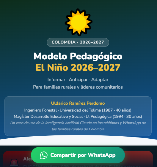 uldaricorape's tweet photo. #CECIA Lista aplicación: #Modelo #Pedagógico #Informar #Anticipar #Adaptar #ElNiño 2026- 2027 . Nueva forma de #Informar #Capacitar, #Educar y #Formar. Lista para descargar y compartir en los #Teléfonos-#Whatsapp #Familias y #Lideres #Ruarles en #Colombia. Todo #Cogestionado #IA https://t.co/NbcHMkEdMl