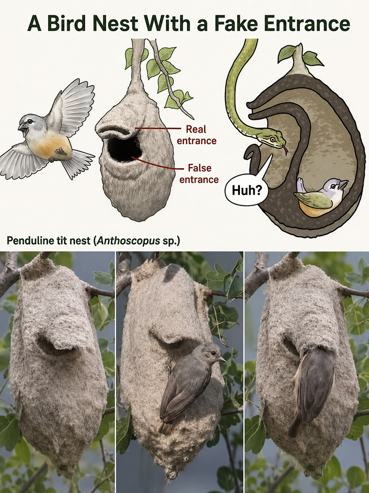 archpng's tweet photo. This tiny bird builds a nest with a decoy door.

Penduline tits are known for their hanging, pouch-like nests, woven from soft plant fibres, spider webs, wool, and other fine materials. In the African genus Anthoscopus, the nest can include a false entrance that leads only to an empty chamber, while the real nesting chamber is hidden behind a flap.

When a snake or other predator investigates the obvious opening, it finds nothing inside. The bird, meanwhile, slips through the concealed entrance and can close it behind itself.

Nature’s version of a hidden room — built by a bird.