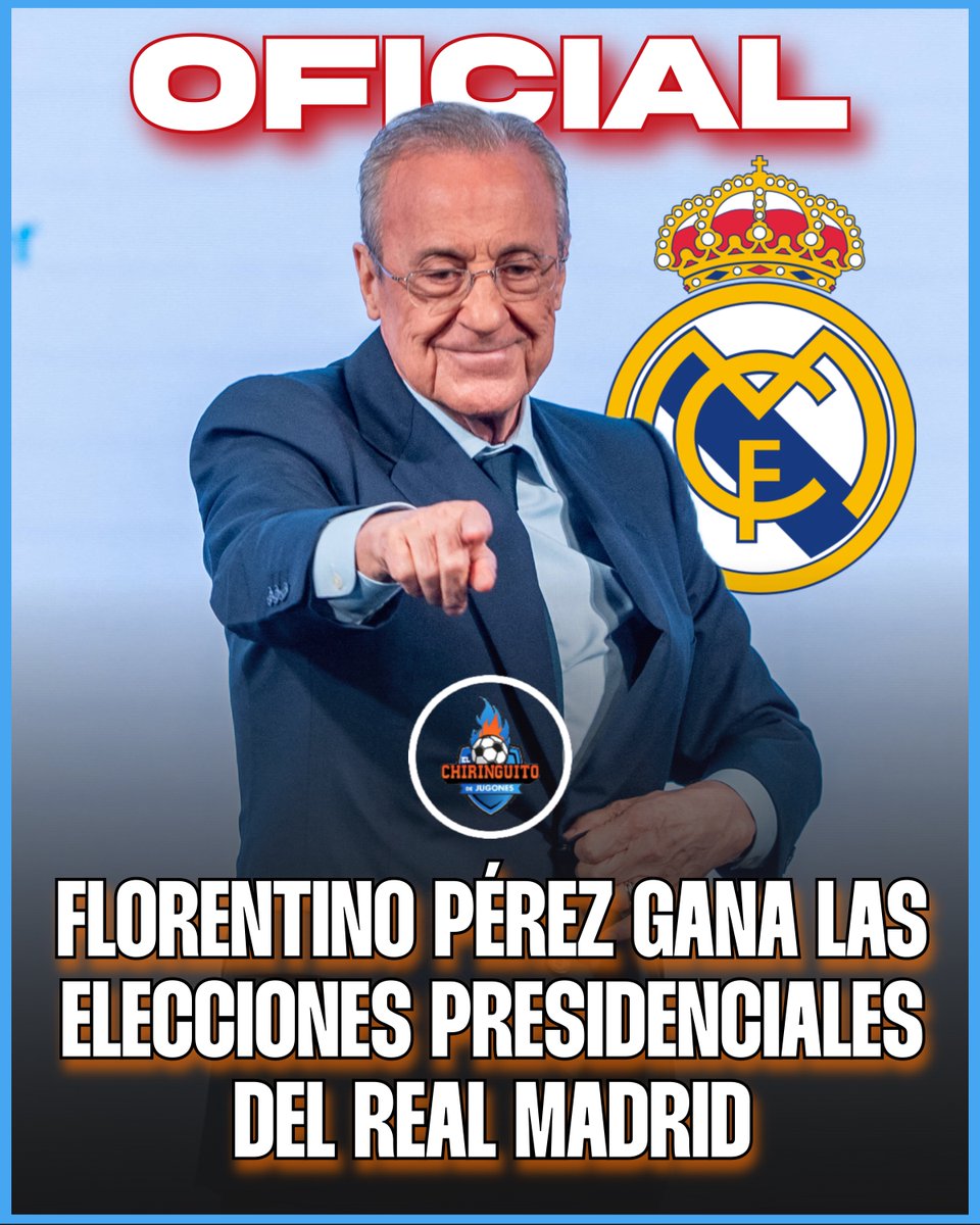 elchiringuitotv's tweet photo. 🚨 OFICIAL | FLORENTINO PÉREZ GANA las ELECCIONES PRESIDENCIALES del MADRID. https://t.co/uCGngjmPSf