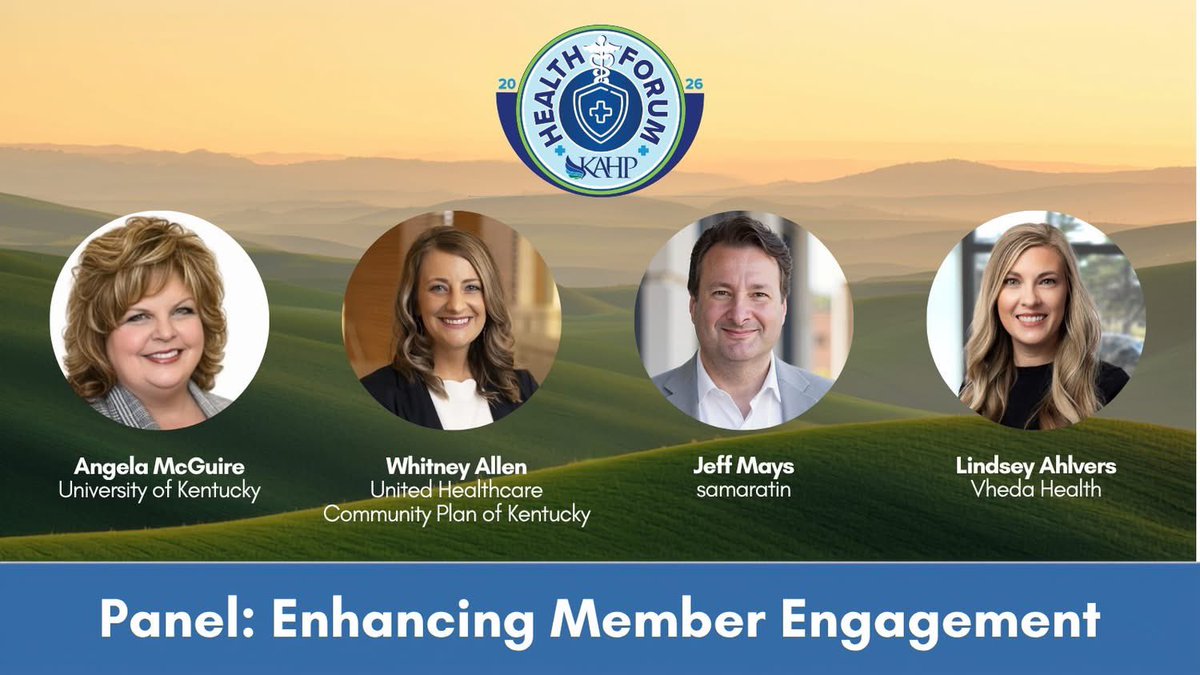 KyHealthPlans's tweet photo. Moderator Whitney Allen (@UHC) will lead a panel at the 2026 Health Forum with Lindsay Ahlvers (@vhedahealth), Angela McGuire (@UK_HealthCare), and Jeff Mays (samaritan) to discuss patient-centered strategies for driving member engagement and improving health outcomes. https://t.co/dKl4CytBfe