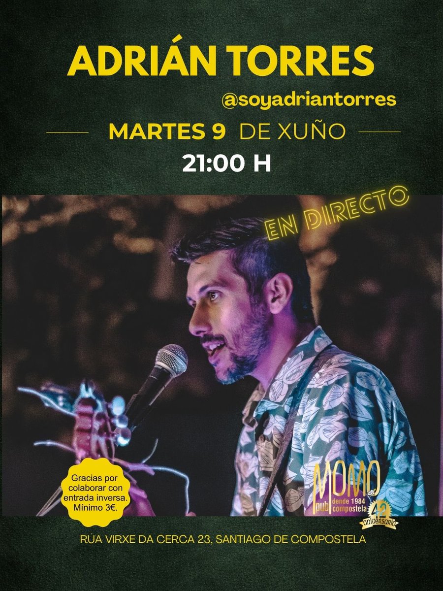 PubMomo's tweet photo. ADRIÁN TORRES EN DIRECTO NO MOMO!
Boas noticias da man de @soyadriantorres!  O músico e cantautor galego chega a Santiago de Compostela para presentar o seu primeiro disco, “El arte en la calle”.

Martes, 9 de xuño Ás 21:00 h

#AdrianTorres #musicaendirecto #musicaenvivo https://t.co/9gLFQkS9Gn