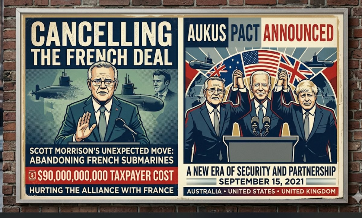 Mayella09476043's tweet photo. @rationalbitch @lynlinking Yes. AUKUS was the brain child of Scott Morrison.

He did it in attempt to wedge Labor on defence.

Labor, the Opposition, in 2021, went along with it to defuse that attempt. It should never had done that.

Let’s also not forget the $90 billion cancellation of the French subs. https://t.co/3e7uE586Bh