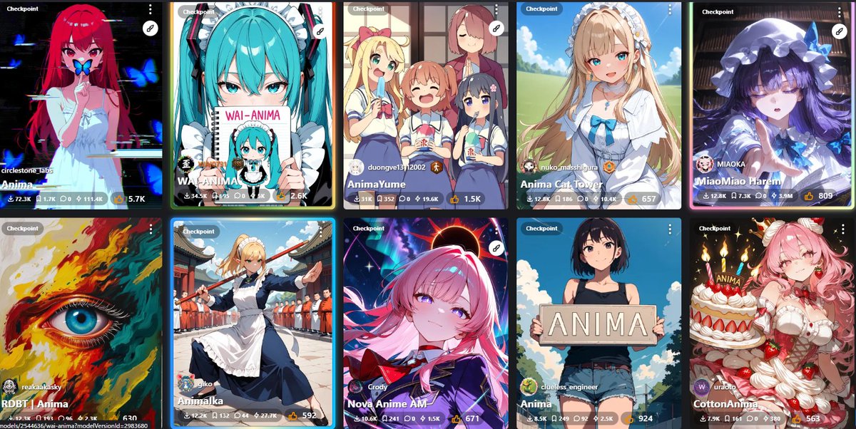 NobinLOG's tweet photo. 2026/6/8時点のAnimaモデルのランキング。
左からスタートで上から順です。

Anima本体を除くとAnimaモデルランキング1位はWAI-ANIMAです。
一気に1位の座につきました。
illustrious系でもWAIは、1位でDL数100万越えで2位がHassaku XLで42万DLなので、人気が段違いです。

※こちらのランキングは、redではない方です。
redの場合は、添付画像のランキングとは異なります