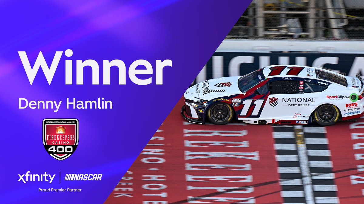 XfinityRacing's tweet photo. Long-time teammates Denny Hamlin and Kyle Busch are now tied with 63 NASCAR Cup Series victories, 9th on the all-time list.

@dennyhamlin with back-to-back 🏁, winning at @MISpeedway! https://t.co/T1qI35l5K8