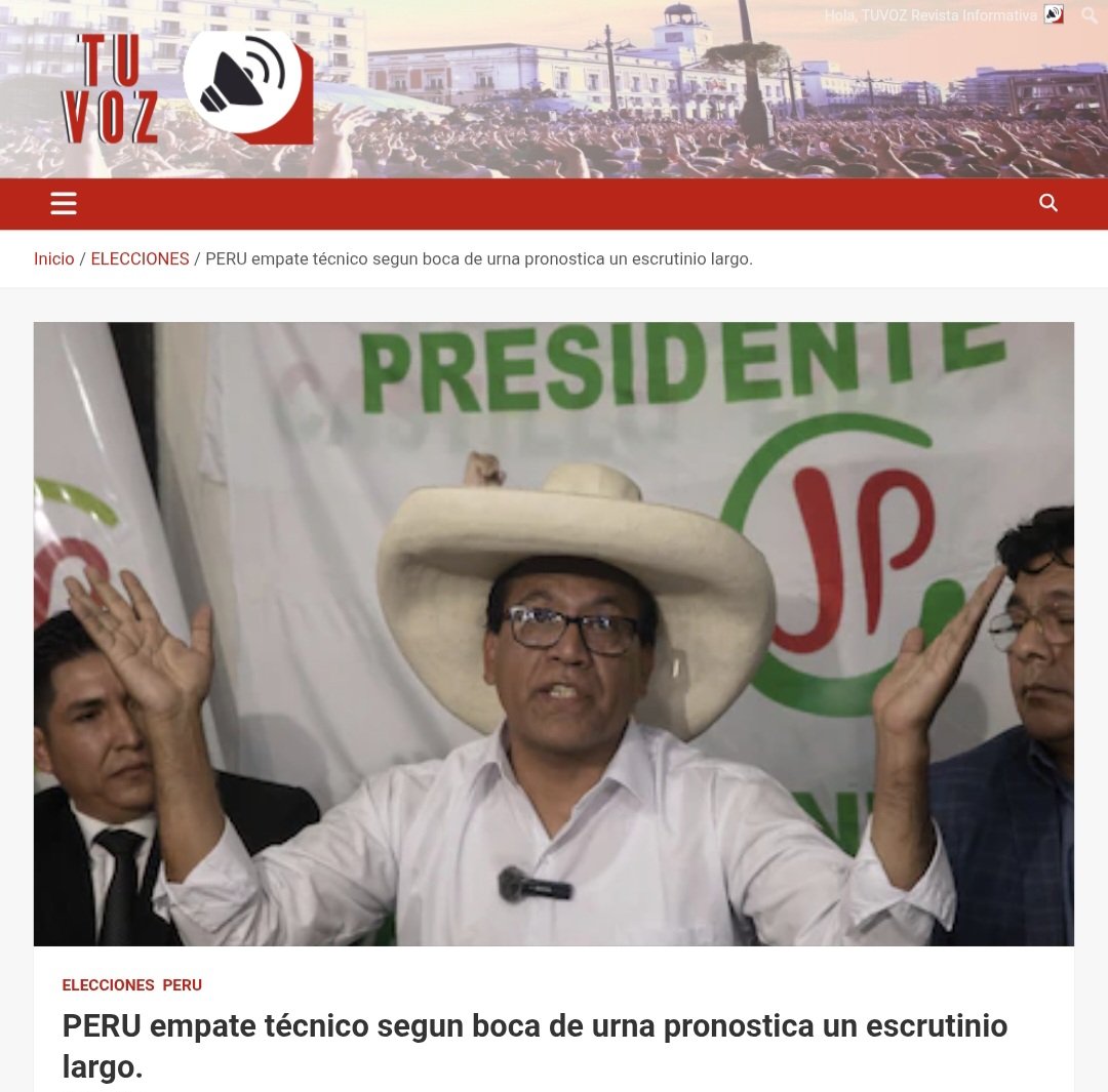 DiasporaEspa's tweet photo. PERU empate técnico segun boca de urna pronostica un escrutinio largo.
7 de junio de 2026  TUVOZ Revista Informativa
Redacción Argentina

Los resultados preliminares a boca de urna (flash electoral) de la segunda vuelta presidencial muestran un empate técnico entre los dos candidatos.

De acuerdo con las principales encuestadoras del país difundidas al cierre de las urnas.
#peru
#PedroCastilloLibertad
#RobertoSánchezPresidente
#KeikoNuncaMás
#RobertoSánchez
https://t.co/4SQmXsj9VR