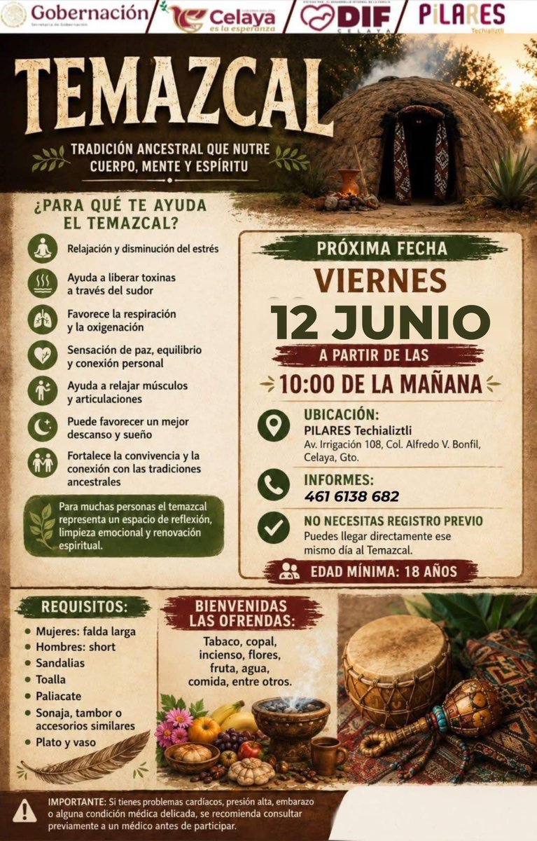 DIFcelaya's tweet photo. 🔥🌿 Vive la experiencia del Temazcal Techializtli 🌿🔥

✨ Un espacio para purificar cuerpo, mente y espíritu.
✨ Convivencia, reflexión y fortalecimiento personal.
✨ Actividad totalmente gratuita.

📅 Viernes 12 de junio 
🕘 Encendido: 9:00 a.m.
📍 DIF Celaya, Av. Irrigación https://t.co/2W6k2WCpL2