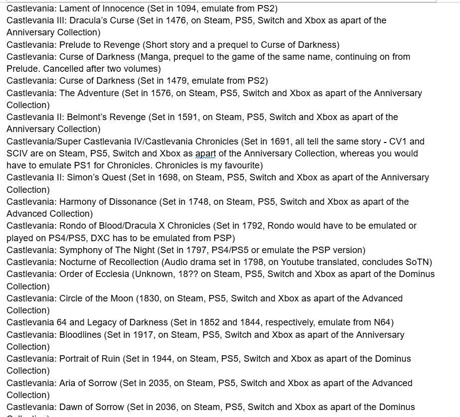 draculllina's tweet photo. With Castlevania: Belmont's Curse coming out soon enough, I figured it's as good a time as any to repost my play order for the franchise, for new fans to catch up! Feel free to bookmark and come back to this, and ask any questions you want. https://t.co/SQCot7K16i