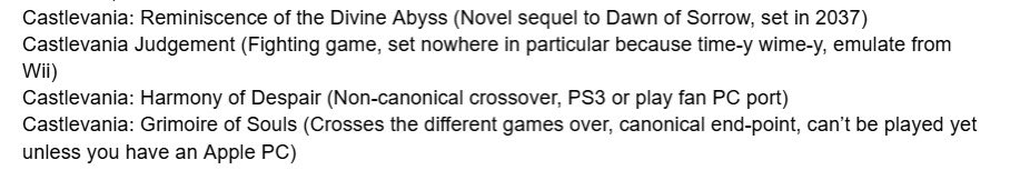 draculllina's tweet photo. With Castlevania: Belmont's Curse coming out soon enough, I figured it's as good a time as any to repost my play order for the franchise, for new fans to catch up! Feel free to bookmark and come back to this, and ask any questions you want. https://t.co/SQCot7K16i