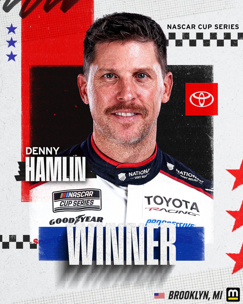Motorsport's tweet photo. FROM THE BACK OF THE PACK TO THE FRONT.

DENNY HAMLIN WINS AT MICHIGAN! 🏁 https://t.co/2uIran50bB