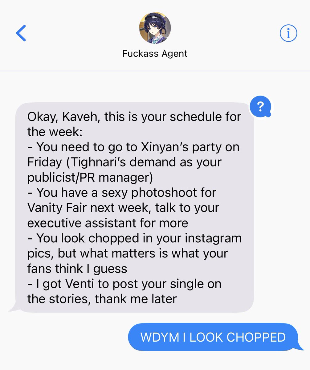 kavehicent's tweet photo. — 2.0 

yes scaramouche is kaveh’s agent 😭

i will put some references to other characters being celebrities, hope u guys enjoy it, its for funsies purposes :)) https://t.co/r3KQjJ3geM
