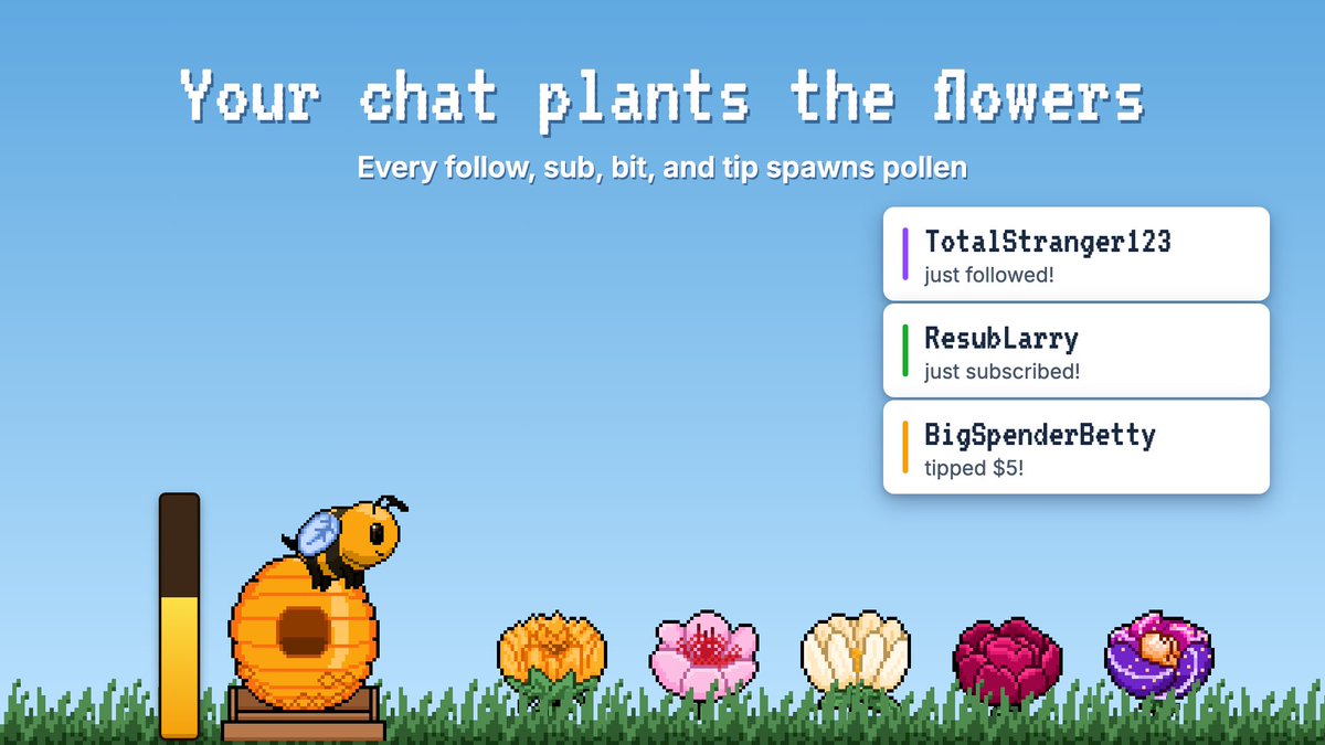 StreamSocialGG's tweet photo. Every follow, sub, and bit drops a flower for your bee to collect — so your viewers can actually see the mark they left on your stream. Busy Bee on the Streamlabs App Store. https://t.co/8ufm7LriXA https://t.co/Qp1yTgu6ID