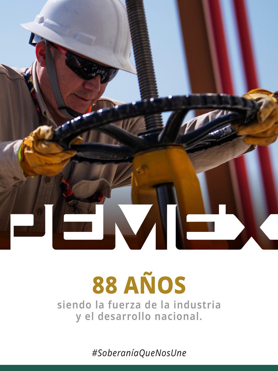 Pemex's tweet photo. ¡88 años de historia, trabajo 💪 y compromiso con México 🇲🇽! 

Detrás de cada gota de petróleo 🛢️ están las mujeres y los hombres que, con esfuerzo, experiencia y orgullo, impulsan todos los días a la empresa más importante del país. Su trabajo ha sido clave para fortalecer la industria energética 🗼⚡️ y contribuir al desarrollo nacional.

Conmemoramos 88 años de #Pemex 🥳, una empresa pública construida por su gente. 

#SoberaníaQueNosUne 
#Pemex88Aniversario