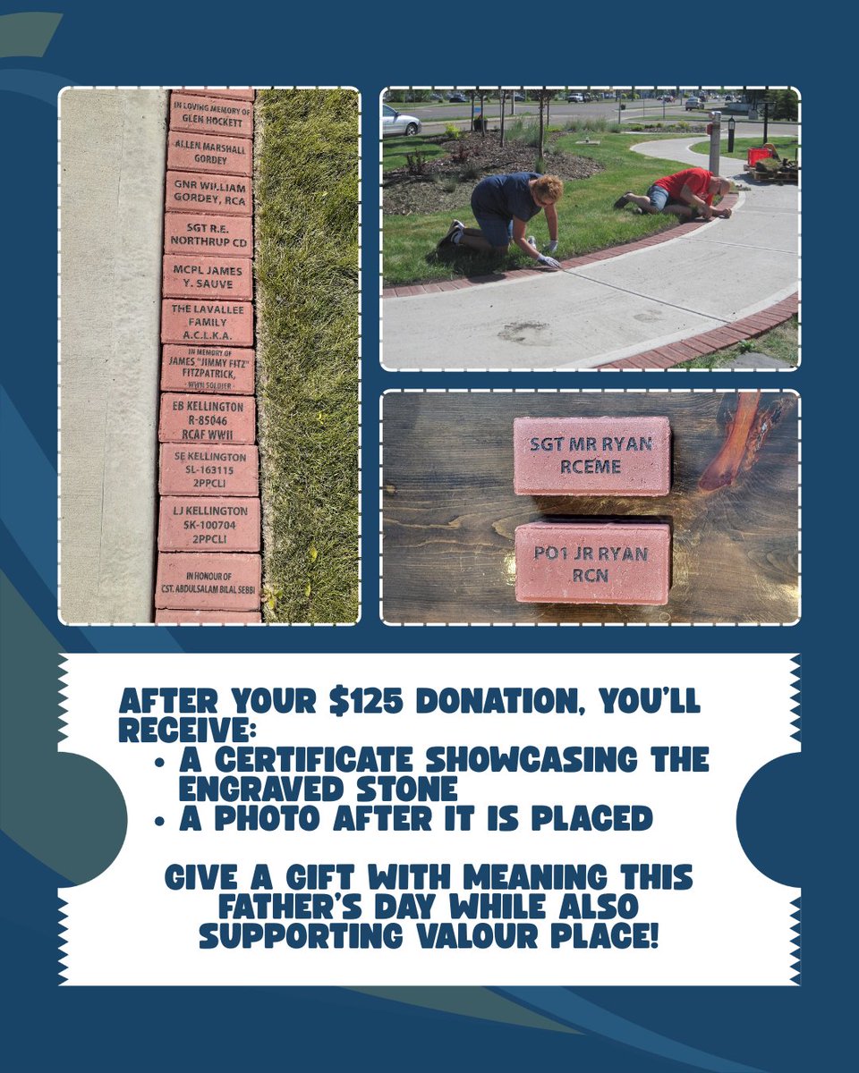ValourPlace's tweet photo. 📣 Only 2 weeks left! Honour Dad with a personalized Forever Stone on the Pathway to Valour. Donate $125, leave a legacy, and support Valour Place 💙 Check the link in our bio to order yours today! https://t.co/01wQgg3rJd