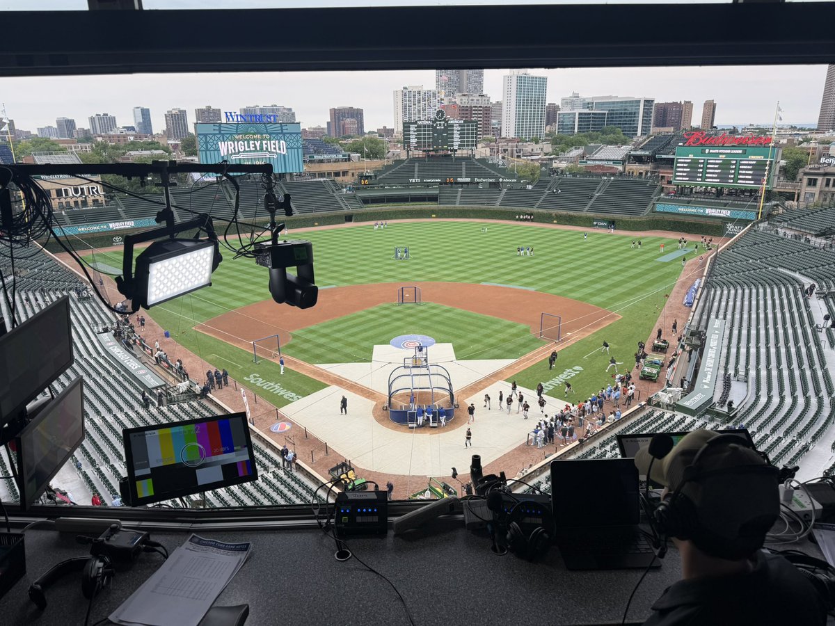 NBCSportsPR's tweet photo. View from the broadcast booth at Wrigley Field 👀

Giants-Cubs on Sunday Night Baseball starts in one hour at 8 p.m. ET on NBC and Peacock! https://t.co/v7lhO34Eds
