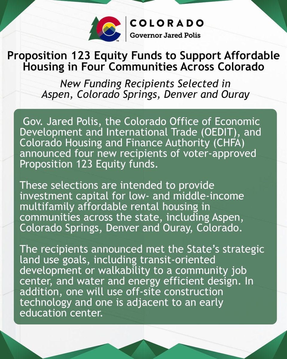 GovofCO's tweet photo. Colorado is investing in more affordable housing. Four new Proposition 123 Equity Fund recipients will help expand low- and middle-income rental housing in Aspen, Colorado Springs, Denver, and Ouray while supporting smart growth, sustainability, and stronger communities. https://t.co/qQpQXwXVsr
