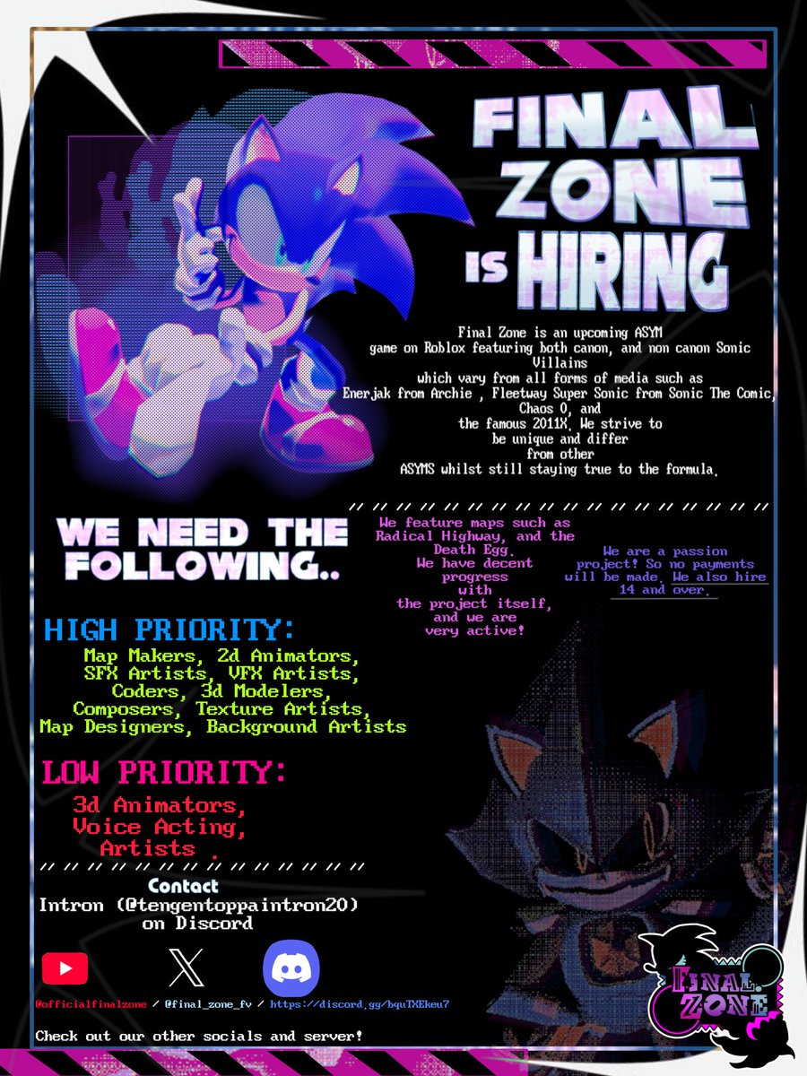 final_zone_fv's tweet photo. Final Zone is indeed hiring! 
We hope to add your talent to our upcoming game!
#execommunity #sonicexe #sonicfinalzone #finalzone #sega #sonicthehedgehog #asym #roblox #asymmetricalhorrorgame #sonic https://t.co/8rrg87CnNS