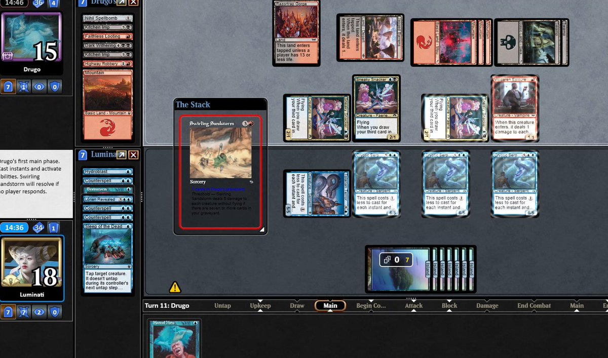 Luminati_mtg's tweet photo. Hi! Top 8 Pauper Challenge today with U Delver. Lost in the top against RB Madness due to an insane Swirling Sandstorm which destroyed my 4 serpents. 🐲☄️ https://t.co/I9cacNcbmv