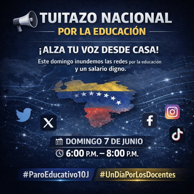 UcvMiguelangel's tweet photo. #10junio
¡Todos al paro nacional del sector educativo! 
En defensa de la educación pública, por salarios y pensiones iguales a la canasta básica, pago sin discriminación del bono de responsabilidad
#ParoEducativo10J #UnDiaPorLosDocentes 
@CcuraV https://t.co/7w5if2m7g2