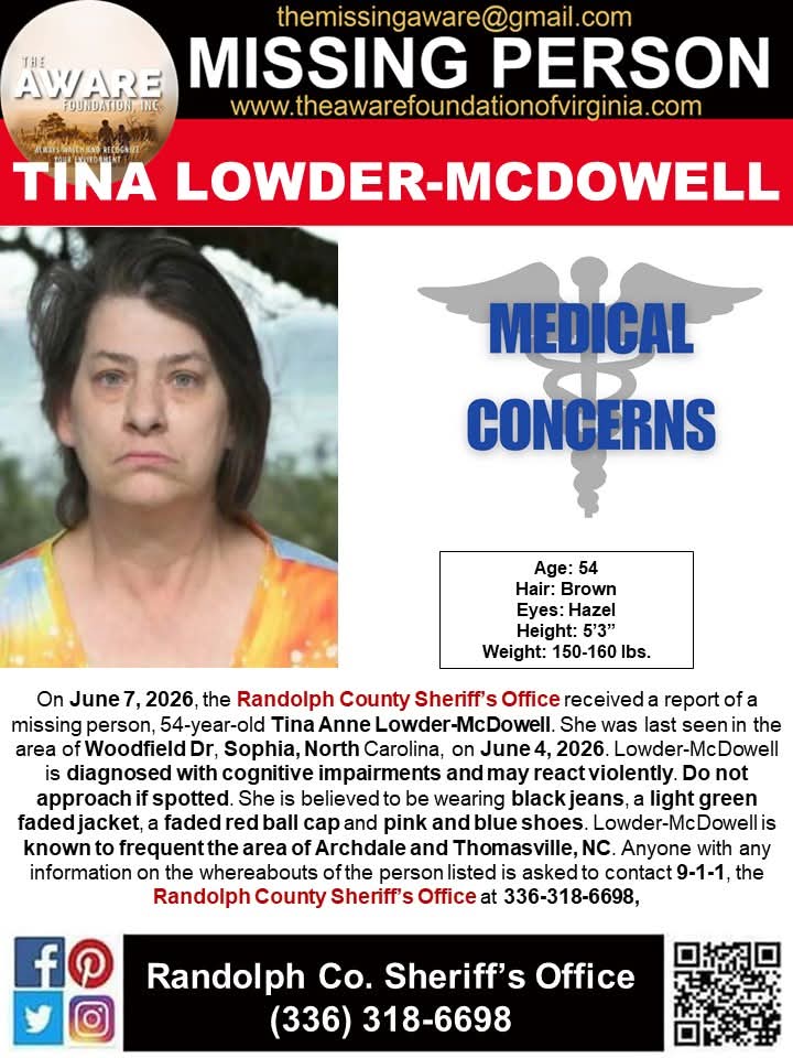 aware_the's tweet photo. 🚨 MISSING PERSON – SOPHIA, NORTH CAROLINA 🚨

The Randolph County Sheriff’s Office is asking for the public's help in locating 54-year-old Tina Anne Lowder-McDowell, who was reported missing on June 7, 2026.

Tina was last seen on June 4, 2026, in the Woodfield Drive area of Sophia, North Carolina. She has cognitive impairments and may react violently if approached. For your safety, do not approach her if seen.

She is believed to be wearing: ▪️ Black jeans ▪️ Faded light green jacket ▪️ Faded red ball cap ▪️ Pink and blue shoes

Tina is known to frequent the Archdale and Thomasville, North Carolina areas.

If you have seen Tina or have any information regarding her whereabouts, please call 911 immediately or contact the Randolph County Sheriff’s Office at 336-318-6698.

Please share this post to help bring Tina home safely.

#TinaAnneLowderMcDowell #MissingPerson #MissingInNorthCarolina #SophiaNC #ArchdaleNC #ThomasvilleNC #RandolphCountyNC #ShareToHelp #TheAWAREFoundationInc
