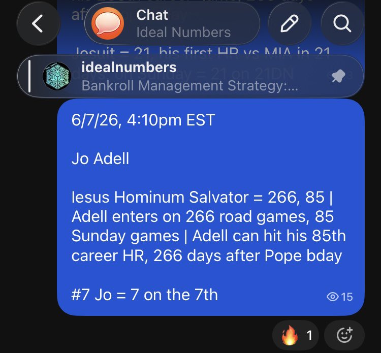 numbersideal's tweet photo. Jo Adell✝️💸

Iesus Hominum Salvator = 266, 85 | Adell enters on 266 road games, 85 Sunday games | Adell hits his 85th career HR, 266 days after Pope bday

#7 Jo = 7 on the 7th

#RepTheHalo #MLB #Gematria https://t.co/0eopu3iZrR