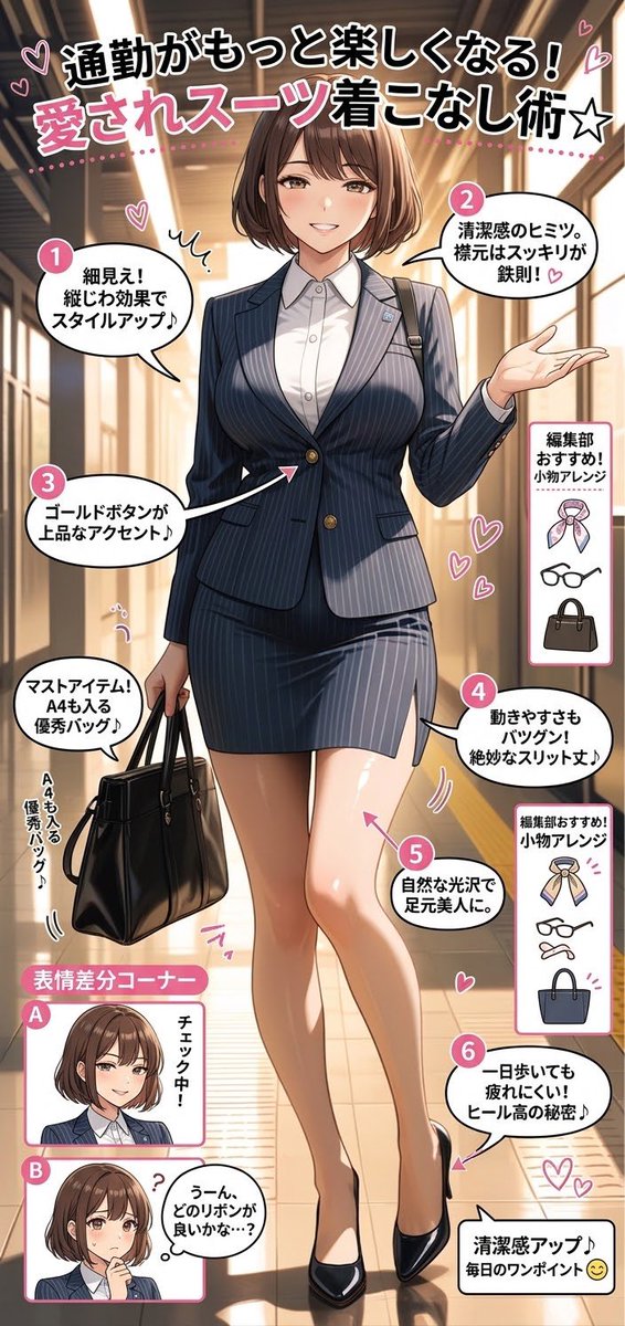 illust_gallery's tweet photo. 「通勤がもっと楽しくなる、愛されスーツ着こな術☆」
ネイビーのストライプスーツが映える、彼女のオフィススタイル設定資料を作ってみました。タイトスカートのスリットや足元の質感など、上品かつ少し艶やかな日常を意識しています。

Patreonではさらに限定の表情差分や高画質版を公開中です✨
#AIart #AIイラスト #オフィスレディ