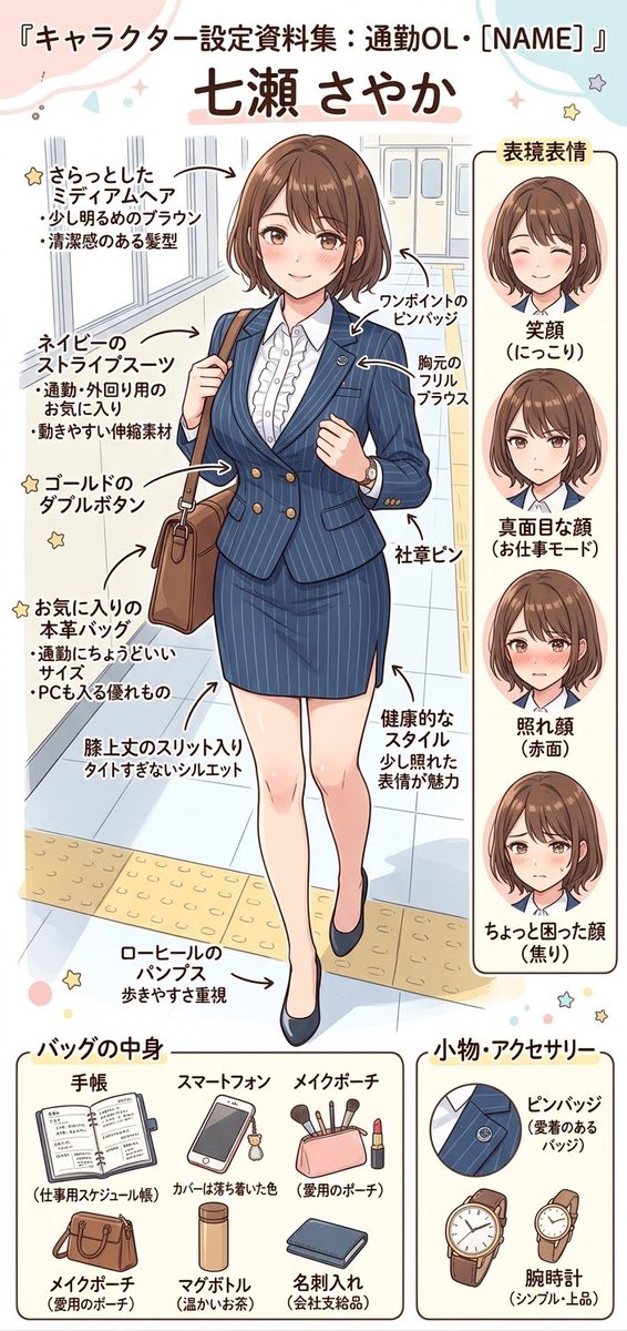 illust_gallery's tweet photo. 「通勤がもっと楽しくなる、愛されスーツ着こな術☆」
ネイビーのストライプスーツが映える、彼女のオフィススタイル設定資料を作ってみました。タイトスカートのスリットや足元の質感など、上品かつ少し艶やかな日常を意識しています。

Patreonではさらに限定の表情差分や高画質版を公開中です✨
#AIart #AIイラスト #オフィスレディ