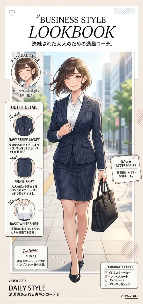 illust_gallery's tweet photo. 「通勤がもっと楽しくなる、愛されスーツ着こな術☆」
ネイビーのストライプスーツが映える、彼女のオフィススタイル設定資料を作ってみました。タイトスカートのスリットや足元の質感など、上品かつ少し艶やかな日常を意識しています。

Patreonではさらに限定の表情差分や高画質版を公開中です✨
#AIart #AIイラスト #オフィスレディ