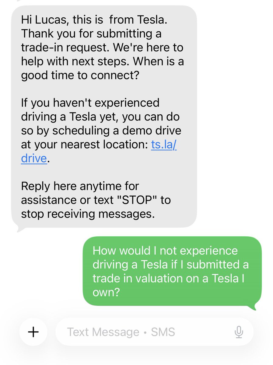 falcons05's tweet photo. @NevrEnoughX Quite the marketing technique … submit a trade in value for a model Y … get asked if I’ve ever driven a Tesla https://t.co/Mt0B0gC6R4