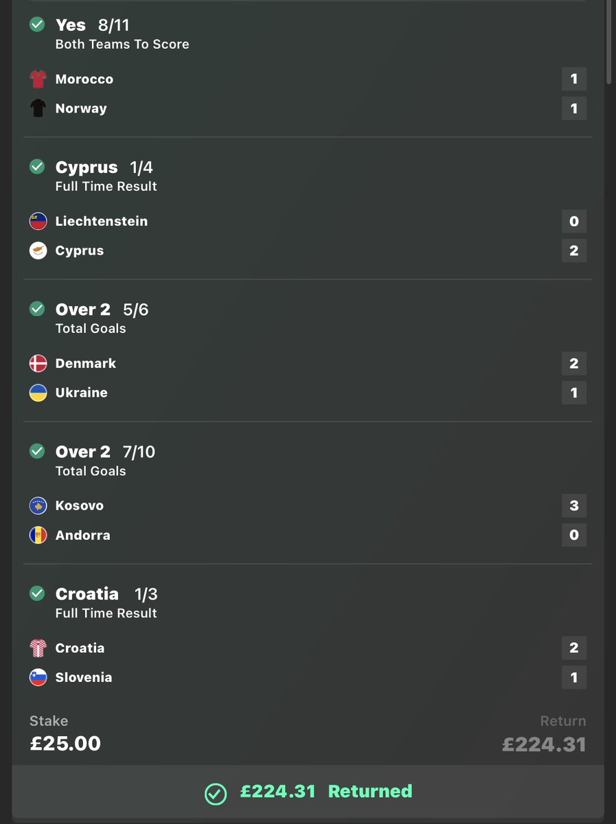 PitchSideTip's tweet photo. £25 turned into £224 BANGGGGGGGG ✅✅💰💰 

That’s how you land a SIMPLE ACCA before the WC 🌍🏆

We are 5 days away now people ! 

Check our 100/1 ACCA for WEEK 1 in the comments 👇 https://t.co/rZOaReyPdK