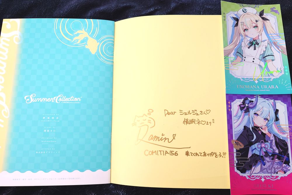 _cherge_'s tweet photo. 大好きな惰眠ネロ先生（@damin_969）の、新作セット。
2人のアクスタが本当に綺麗でした！
キャラ自体はもちろんのこと、背景の花や水面まで繊細に表現されていて、初めて実物をしっかり見たときは感動しちゃいました。
幾ら眺めてても飽きないです。
(1/3)
#COMITIA156 https://t.co/z01fHU4BJ7