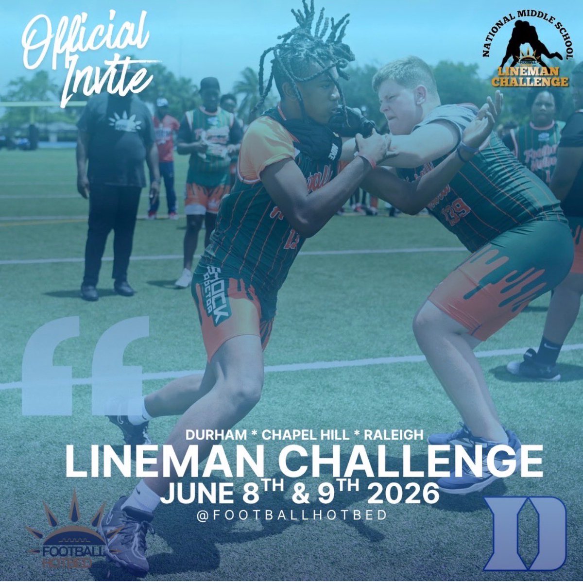 Jaceconnelly6's tweet photo. Excited to go out and compete in the Lineman Challenge at @DukeFOOTBALL hosted by @FootballHotbed ! Looking forward to learning from some great coaches and competing against top talent ! #classof2030 #DefensiveEnd #DE #AGTg #BigJace @CoachHarris_33 @CoachPatke @Coach_MannyDiaz @Brandon_Odoi