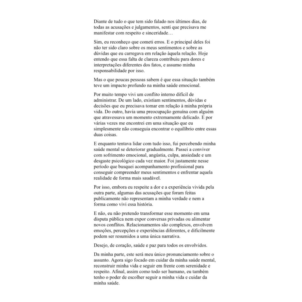 canalantenados's tweet photo. 🔥 Gui Vieira publicou um texto no Instagram depois de ser acusado pela ex, Bruna Furlan, de ter sido tóxico, narcisista e infiel no relacionamento que tiveram.

Ele admitiu que não foi claro sobre seus sentimentos e dúvidas na relação, o que gerou dor e interpretações diferentes dos fatos. Gui também revelou que viveu um conflito interno entre suas próprias decisões e a preocupação com alguém em momento delicado, o que afetou sua saúde mental. Em outra parte do texto, ele afirmou que não pretende transformar o episódio em disputa pública, nem expor conversas privadas.