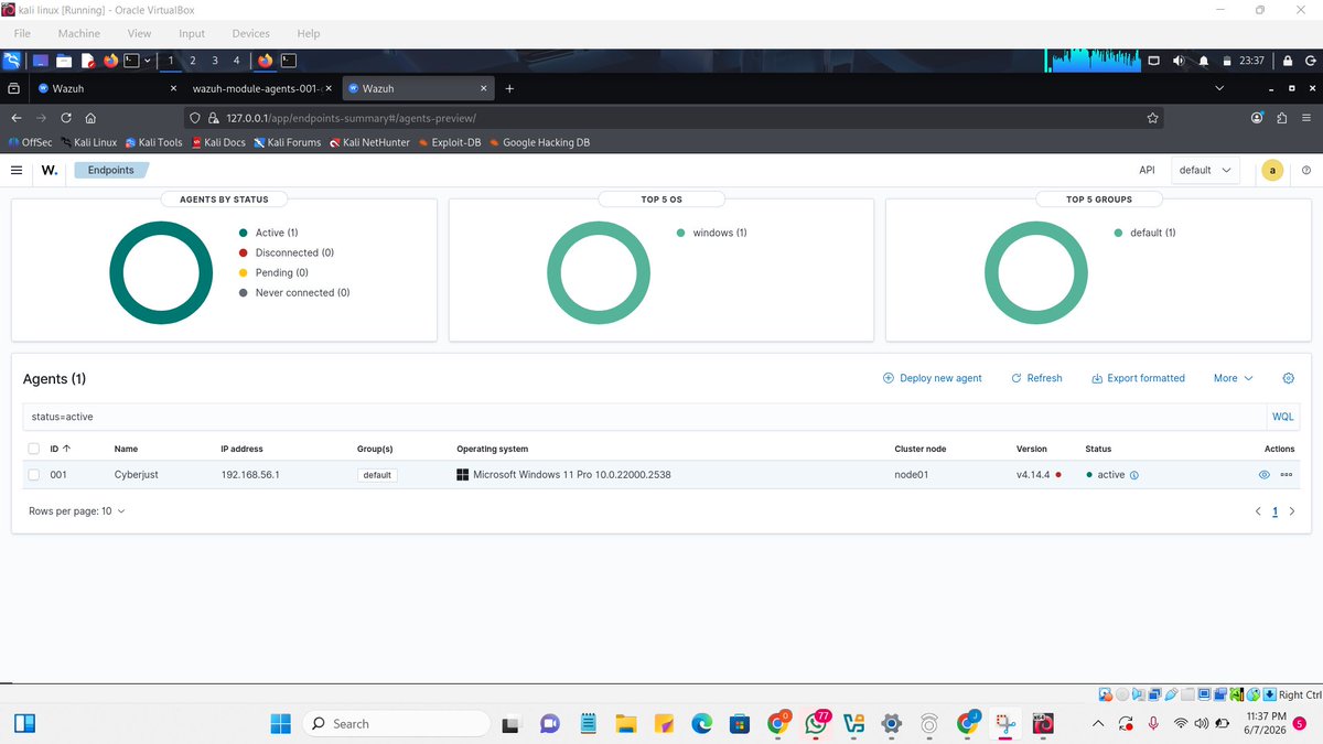 HaywhyJustice's tweet photo. Day 15 &amp; 16 of #30DaysOfCybersecurity ✅
Explored the Transport Layer with my peers on Cisco Networking Academy.
Built my first SIEM home lab with Wazuh:
Kali Linux = Manager (the brain)
Windows = Agent (the endpoint)
Was it worth it? 100% 💪
@ireteeh @cyberjeremiah @confirmedHOD https://t.co/1OdzZZ3xMT
