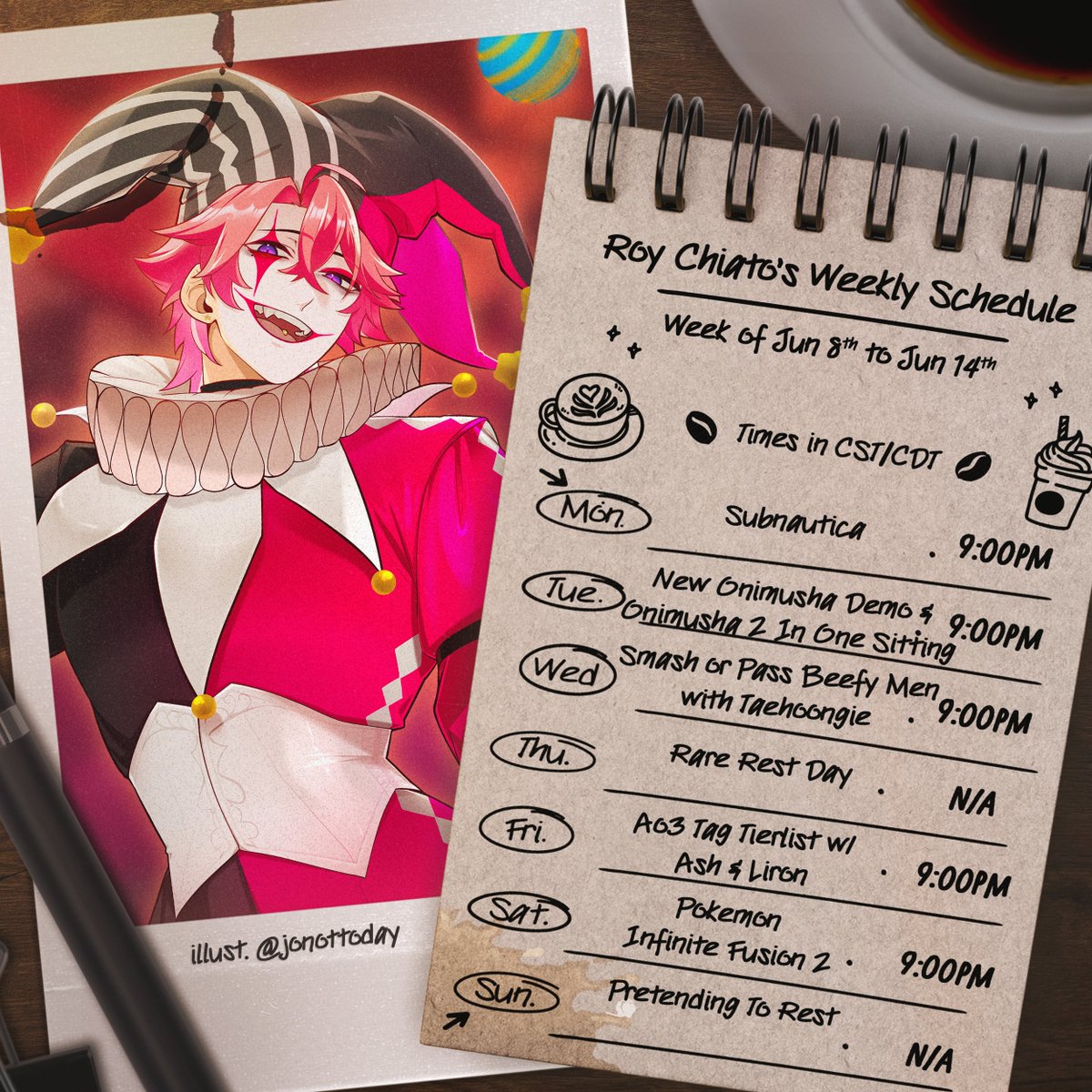 RoyChiato's tweet photo. 🐰【Schedule for Jun 8 - Jun 14】☕

We've got a double dose of collabs this week on top of some games and a LONG stream on Tuesday. Look forward to some good Smash or Pass fun with Tae, then some Tag Tierlist goodness with Ash and Liron. Don't worry, I'll make extra coffee. 😉